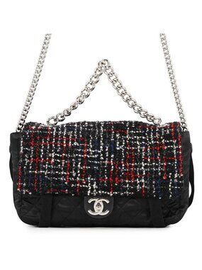 Chanel Chain Shoulder Bag CC Logo Tweed Nylon Black